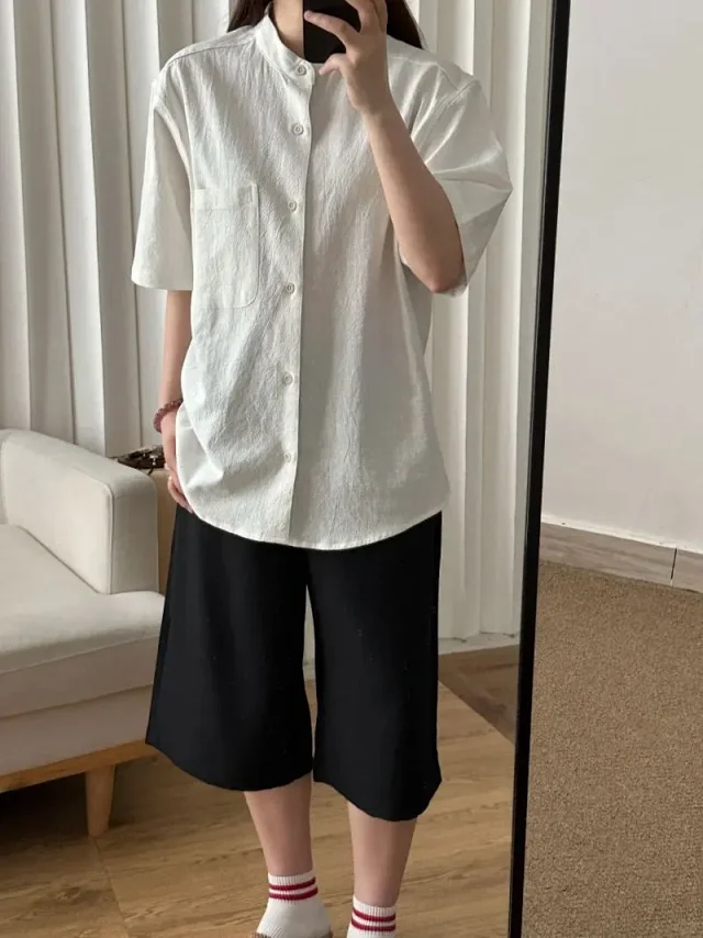 Men's Bamboo-Cotton Short Sleeve Mandarin Shirt Detail