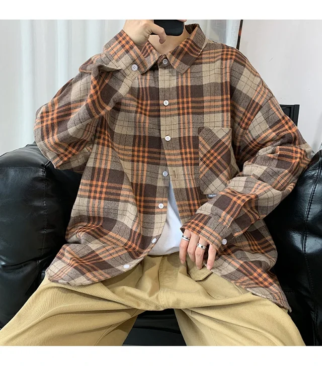 Men's Casual Retro Brushed Plaid Overshirt Detail