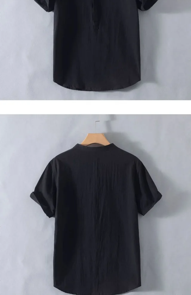 Men's Summer Cotton-Linen Retro Stand-Collar T-Shirt Detail