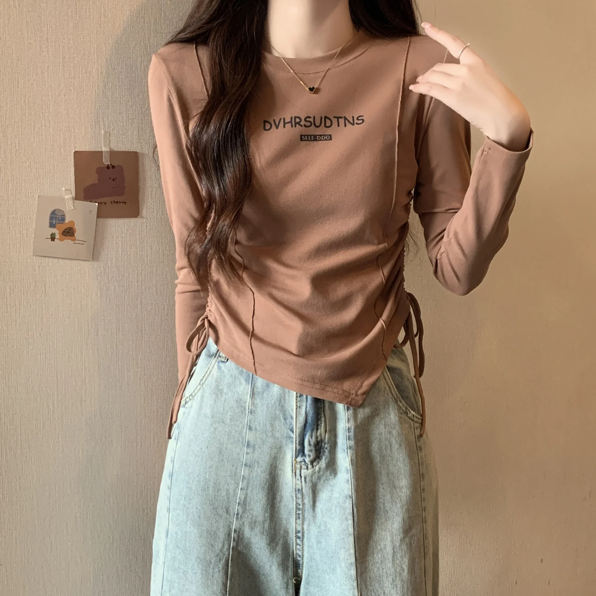 Women's Autumn Cropped Drawstring Long-Sleeve Top