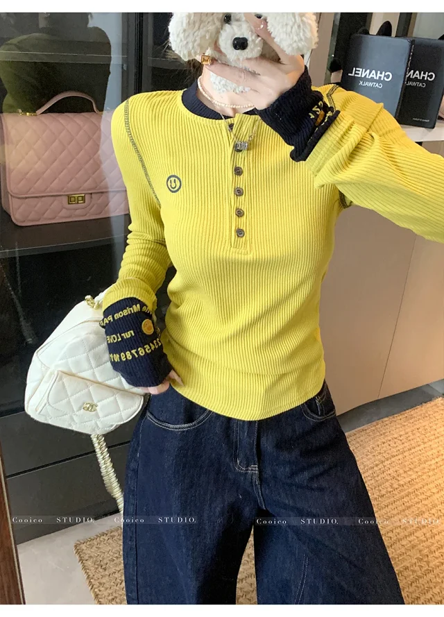 Women's Dopamine Color-Block Embroidered Knit Top Detail
