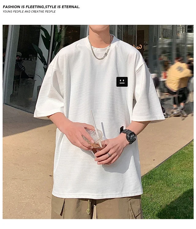 Smile Embroidered Men's Summer Waffle Tee Detail