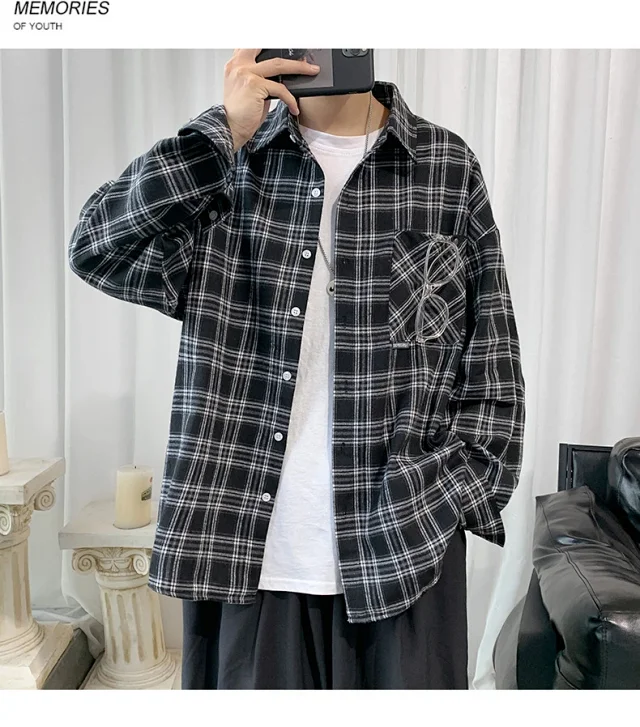 Men's Casual Retro Brushed Plaid Overshirt Detail