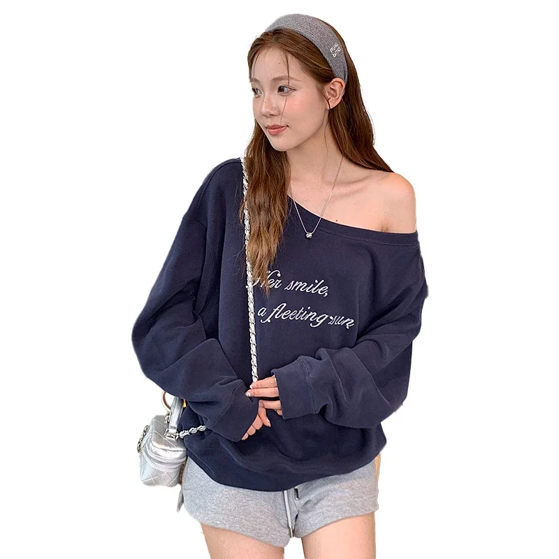 Women's Grey Off-Shoulder Letter Print Sweatshirt