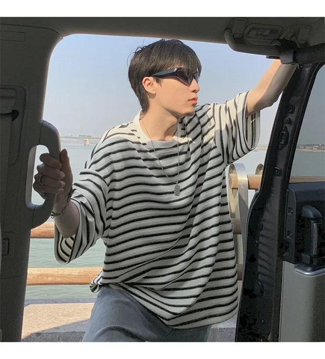 Premium Men's Black White Striped Tee Detail