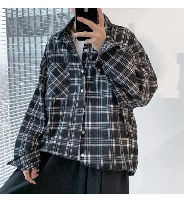 Men's Casual Retro Brushed Plaid Overshirt Detail