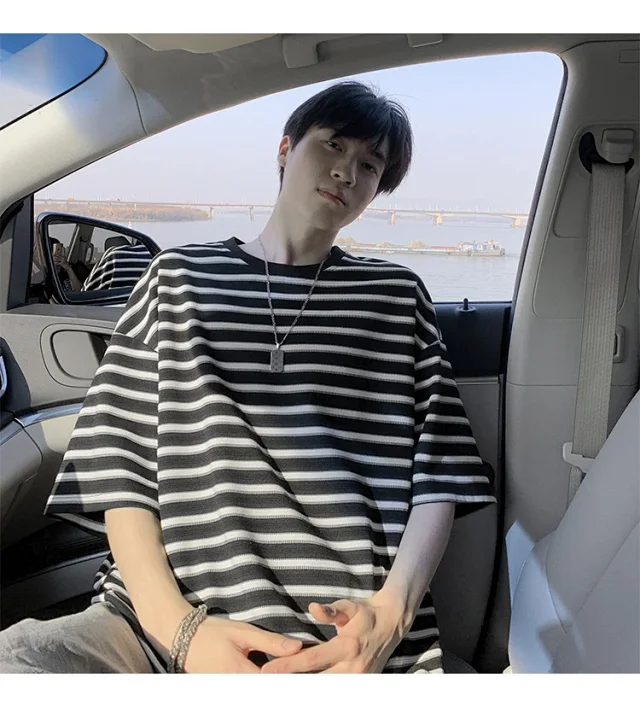 Premium Men's Black White Striped Tee Detail