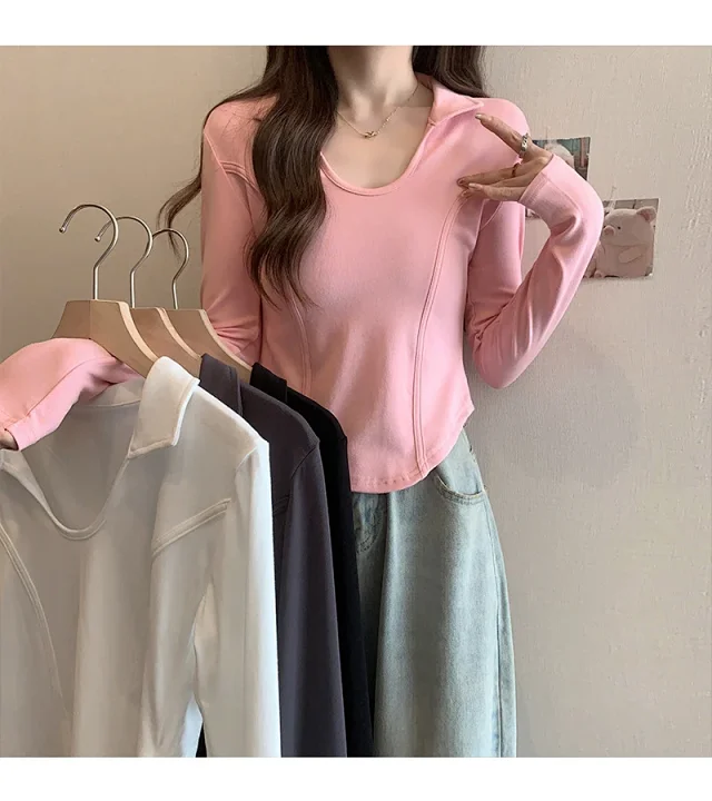 Women's Long Sleeve Cropped Polo Shirt Detail