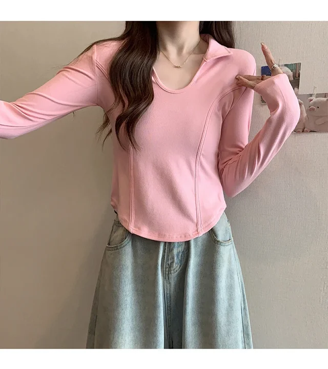 Women's Long Sleeve Cropped Polo Shirt Detail