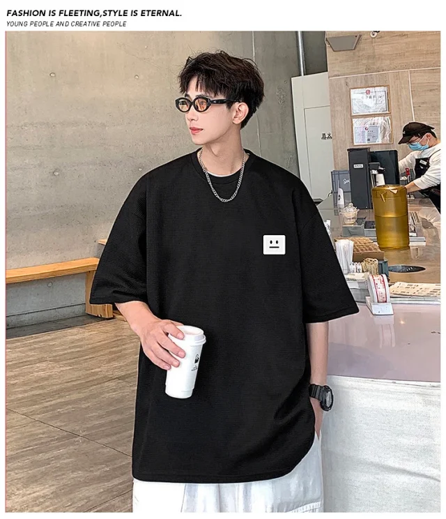 Smile Embroidered Men's Summer Waffle Tee Detail