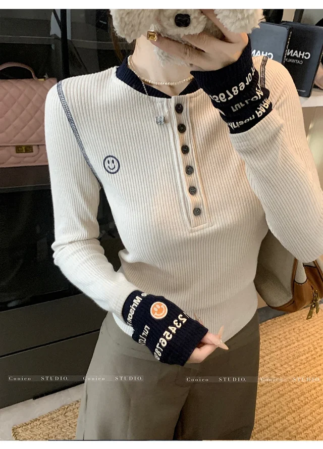 Women's Dopamine Color-Block Embroidered Knit Top Detail