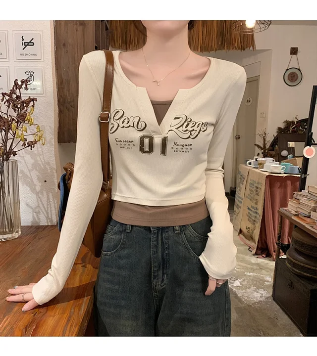 Women's Long-Sleeve Layered Retro Tee Detail