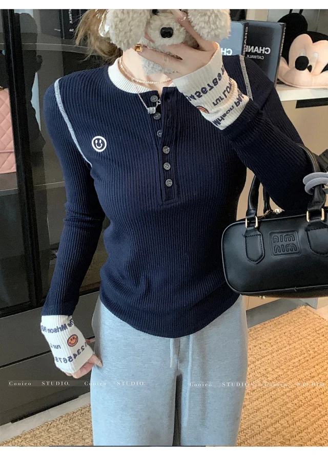 Women's Dopamine Color-Block Embroidered Knit Top Detail