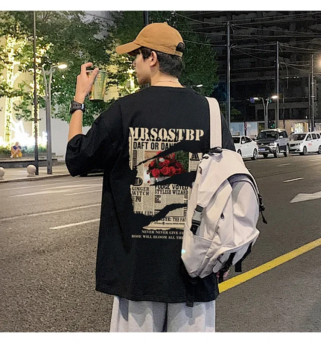 Men's Oversized Cotton Tee 2025 Rose-Print Detail