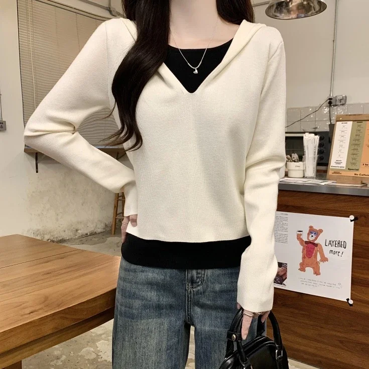 2025 Fall Women's Hooded Patchwork Sweater