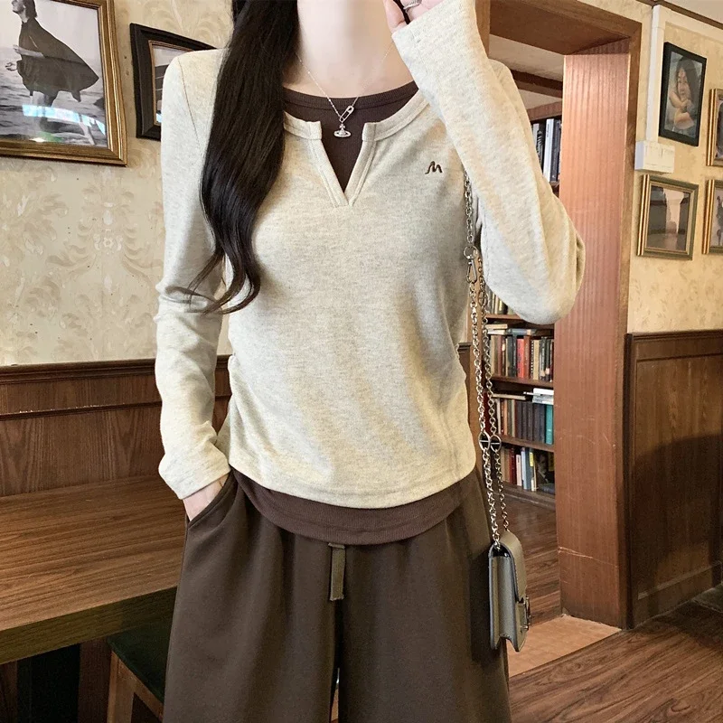 Women's V-Neck Long-Sleeve Layered Cropped T-Shirt