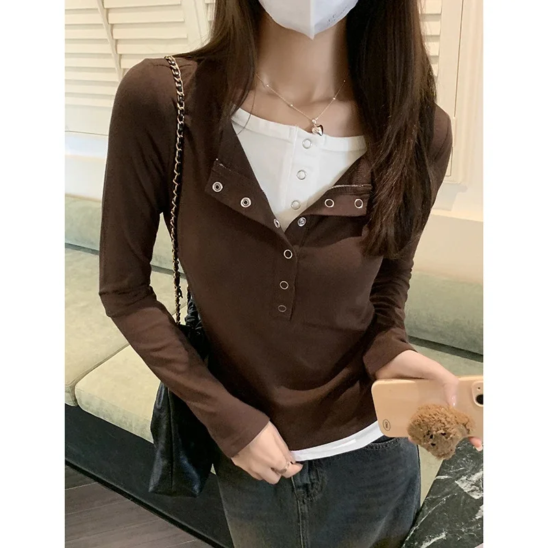 Women's Mock Two-Piece Color-Block Long-Sleeve Tee