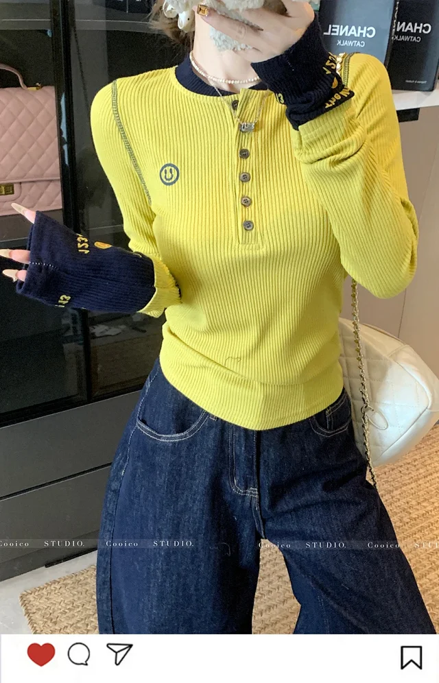 Women's Dopamine Color-Block Embroidered Knit Top Detail
