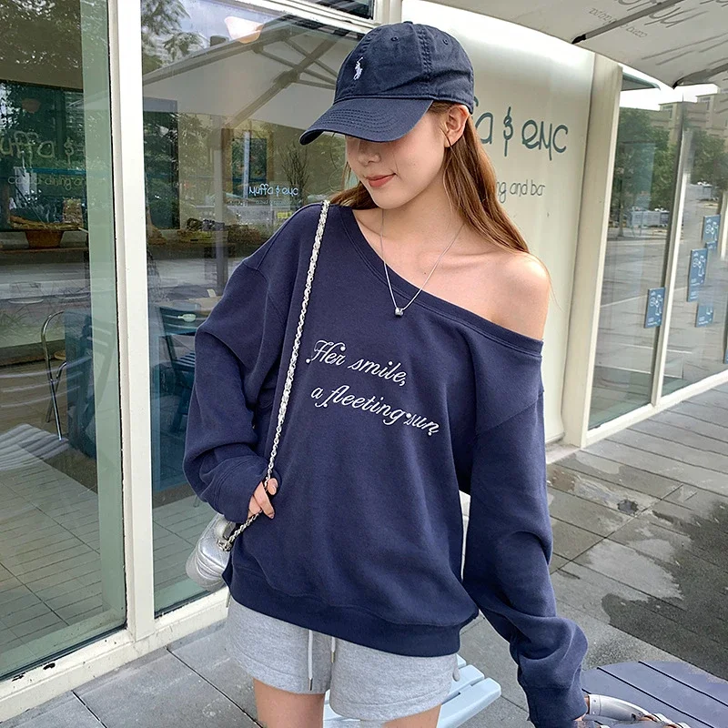 Women's Grey Off-Shoulder Letter Print Sweatshirt