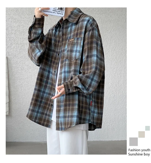 Men's Japanese Brushed Plaid Warm Shirt Jacket Detail