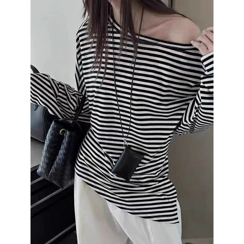 Tencel Women's Off-Shoulder Contrast Striped Tee