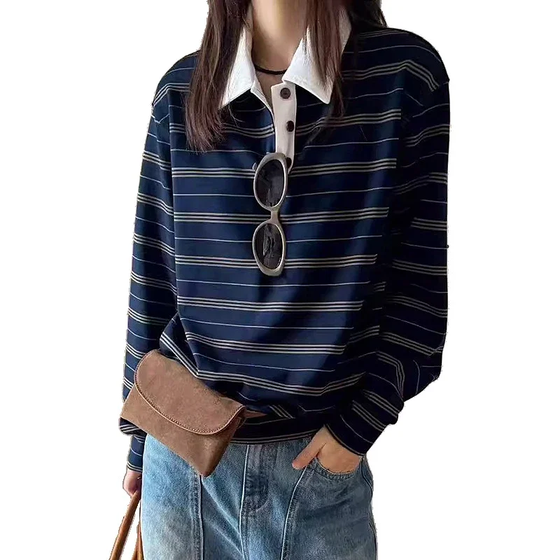 Autumn 2025 Cotton Striped Polo Sweatshirt