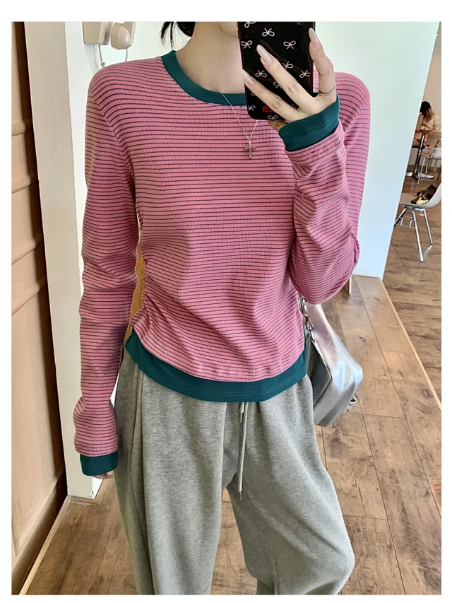 Women's Long Sleeve Striped Mock T-Shirt Detail