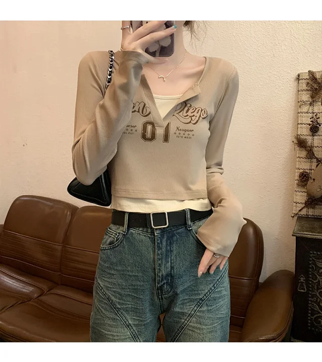 Women's Long-Sleeve Layered Retro Tee Detail