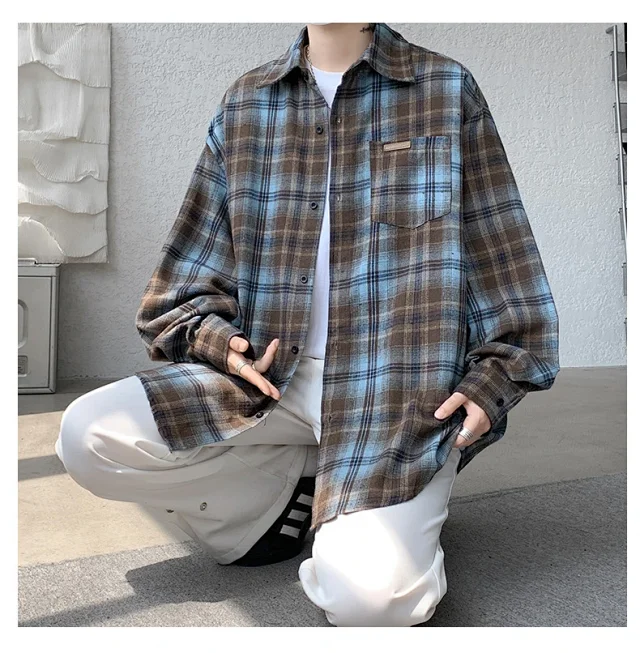 Men's Japanese Brushed Plaid Warm Shirt Jacket Detail