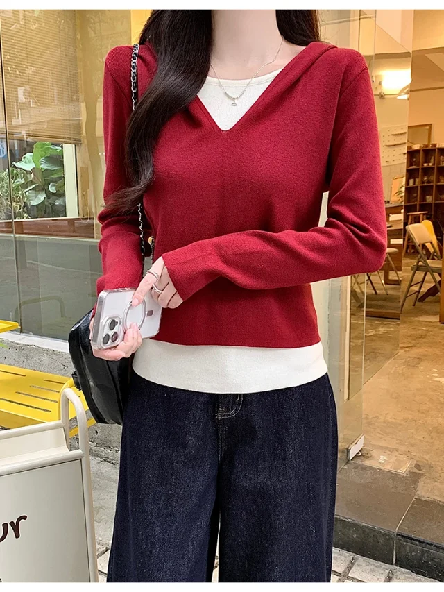 2025 Fall Women's Hooded Patchwork Sweater Detail