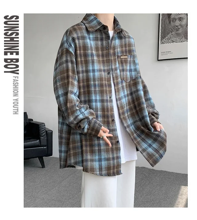 Men's Japanese Brushed Plaid Warm Shirt Jacket Detail