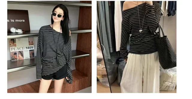 Tencel Women's Off-Shoulder Contrast Striped Tee Detail