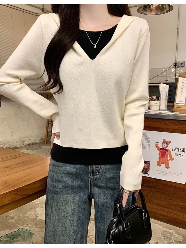 2025 Fall Women's Hooded Patchwork Sweater Detail
