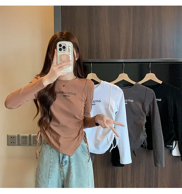Women's Autumn Cropped Drawstring Long-Sleeve Top Detail