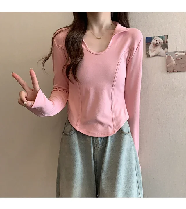 Women's Long Sleeve Cropped Polo Shirt Detail