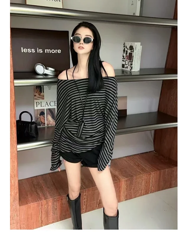 Tencel Women's Off-Shoulder Contrast Striped Tee Detail