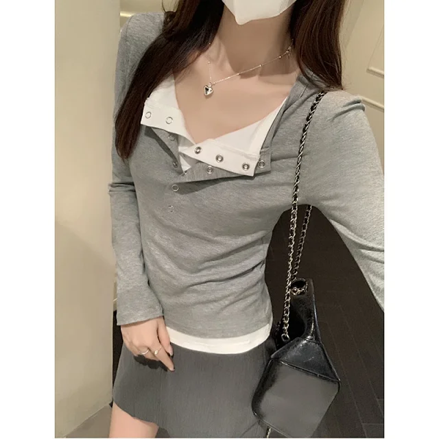 Women's Mock Two-Piece Color-Block Long-Sleeve Tee Detail
