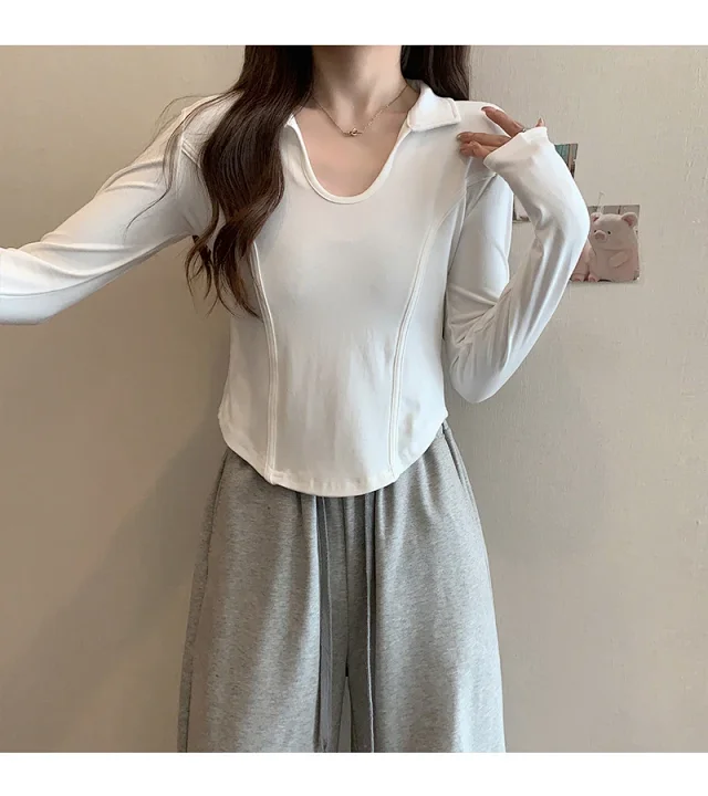 Women's Long Sleeve Cropped Polo Shirt Detail