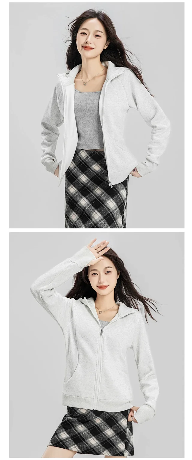 Women's Slim-Fit Hooded Velvet Zip Cardigan Detail