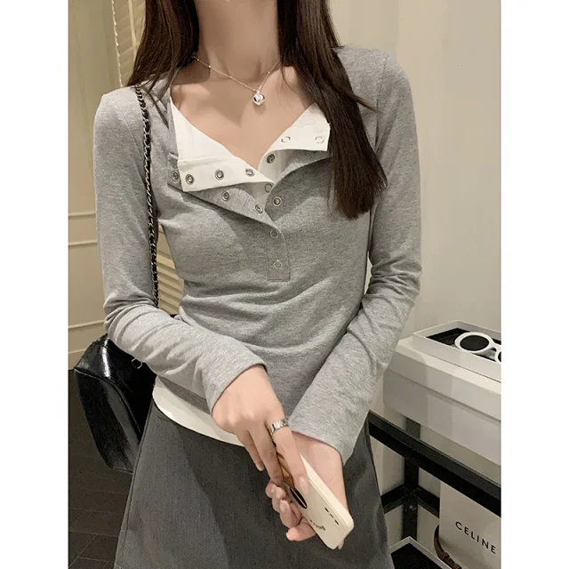Women's Mock Two-Piece Color-Block Long-Sleeve Tee Detail