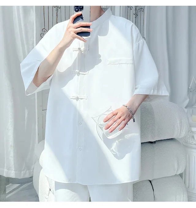 Men's New-Chinese Ice-Silk Short-Sleeve Shirt Detail