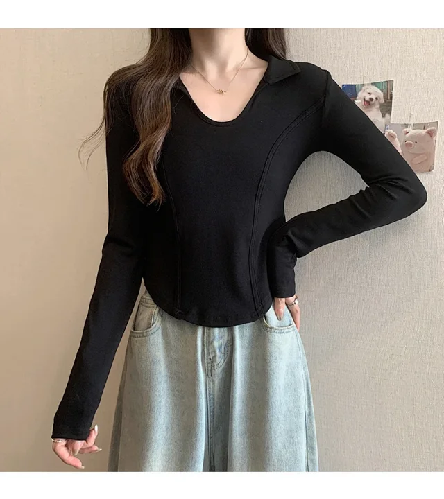 Women's Long Sleeve Cropped Polo Shirt Detail