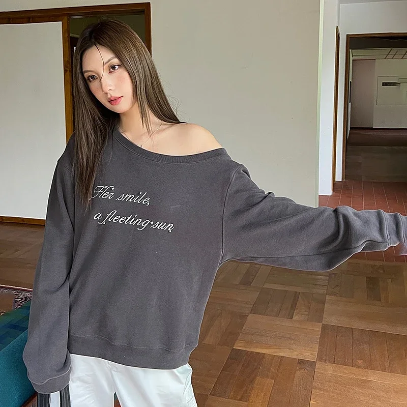 Women's Grey Off-Shoulder Letter Print Sweatshirt