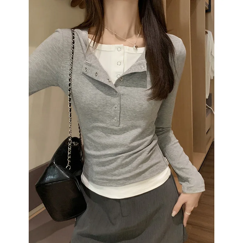 Women's Mock Two-Piece Color-Block Long-Sleeve Tee