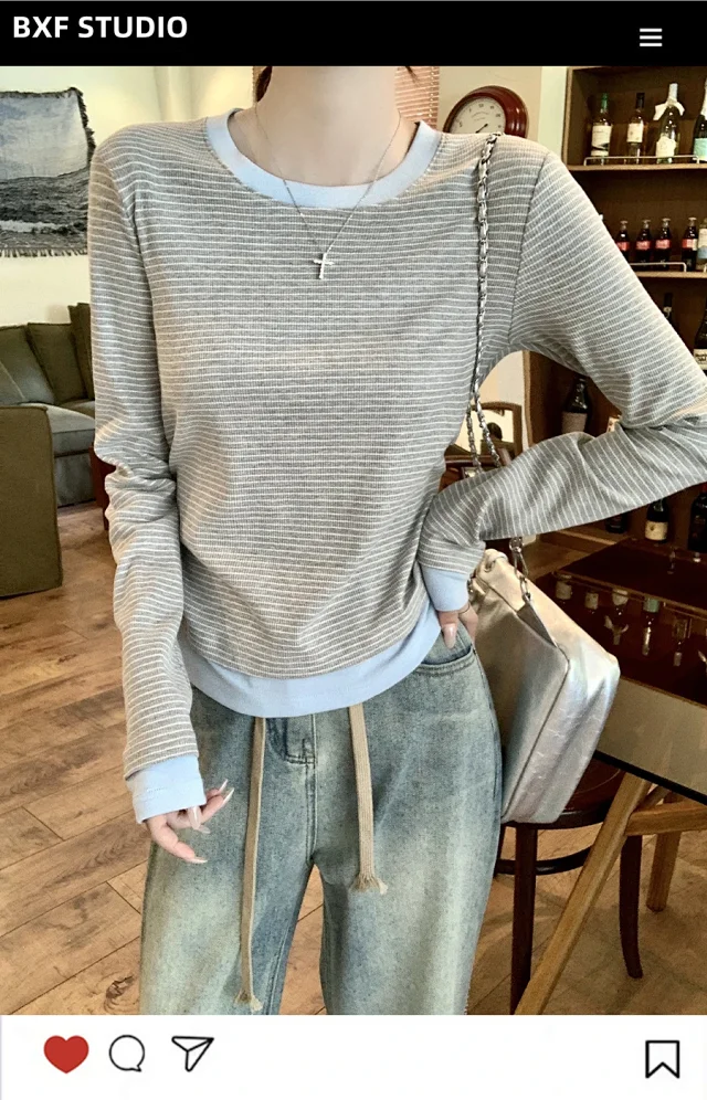 Women's Long Sleeve Striped Mock T-Shirt Detail