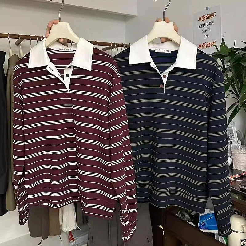Autumn 2025 Cotton Striped Polo Sweatshirt