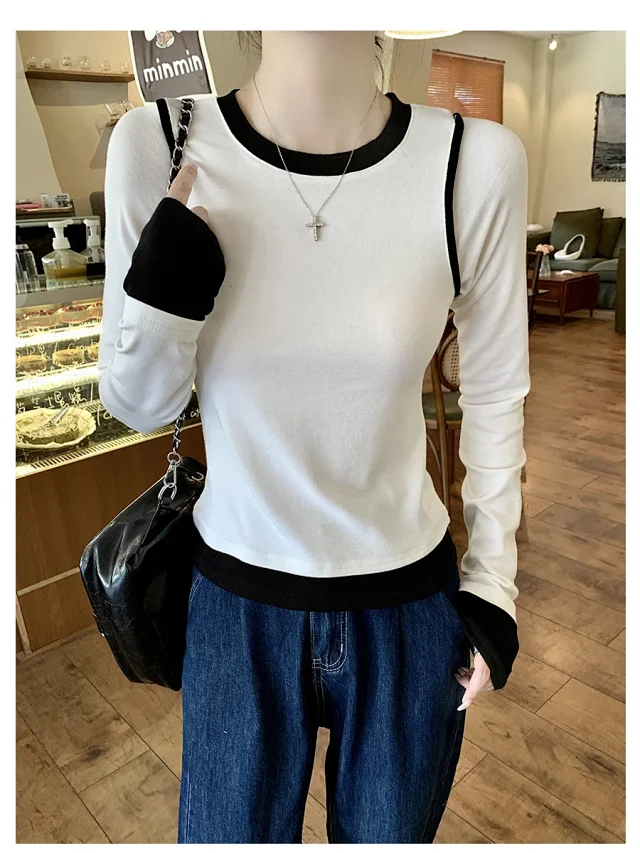 Women's Long Sleeve Mock Two-Piece T-Shirt Detail