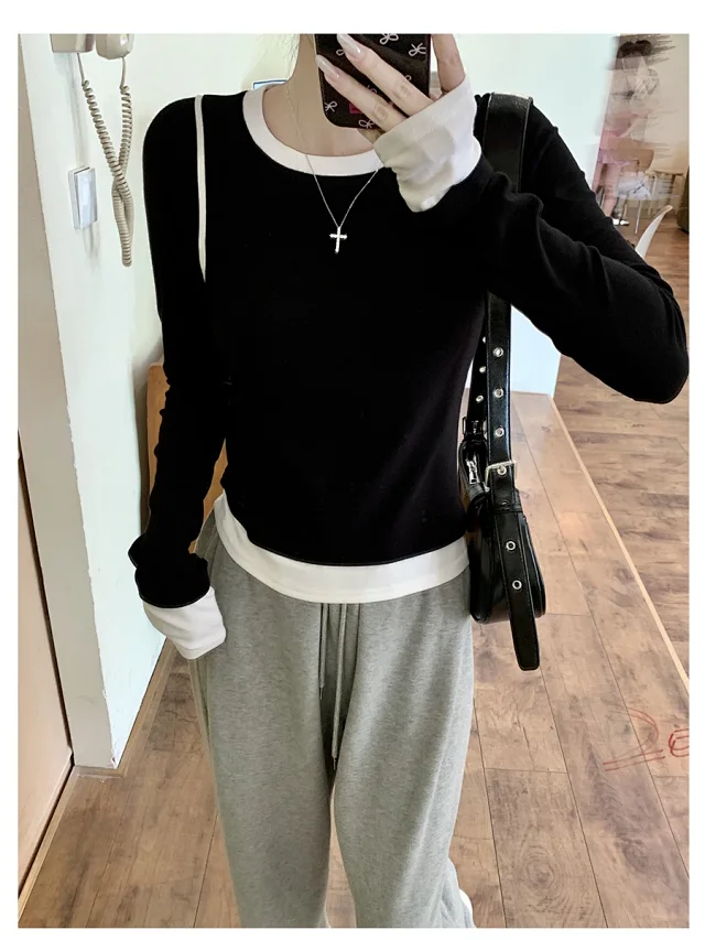 Women's Long Sleeve Mock Two-Piece T-Shirt Detail