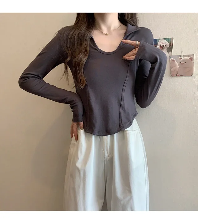 Women's Long Sleeve Cropped Polo Shirt Detail