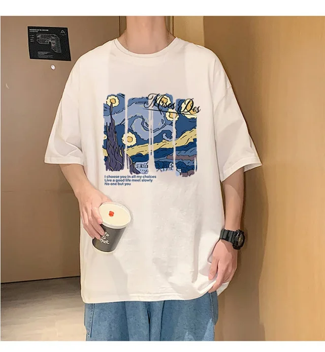 Starry Night Men's Loose Cotton T-Shirt Detail
